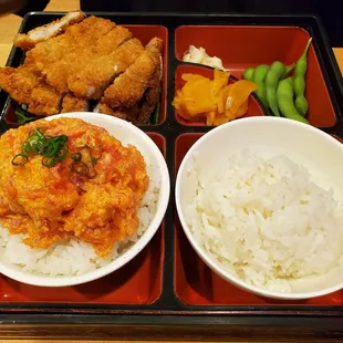 Tonkatsu and spicy ahi teishoku