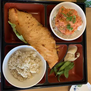 Miso salmon and spicy ahi with sushi rice