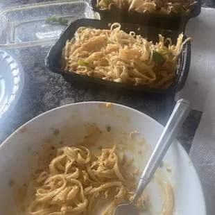 Pad Thai shrimp w/ coconut curry sauce; drunken noodles w/ chicken