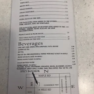 Side orders, drinks, map