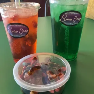 Redbull infusions, chilaso tub with candy and chamoy