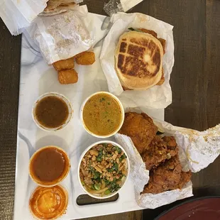 Som Tam, Fried Roti and Curry, fried chicken, Hot Gai, tator tots