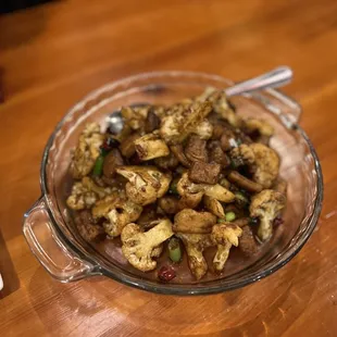 Fried Pork Rind Bits with Sauted Cauliflower