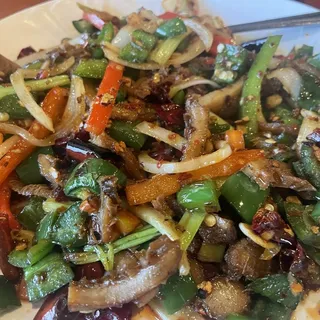 Beef Honey Comb Stir Fried with Mixed Chilies