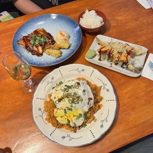 Our Full Meal salmon teriyaki kimchi fried rice spicy tuna roll oyster shooter