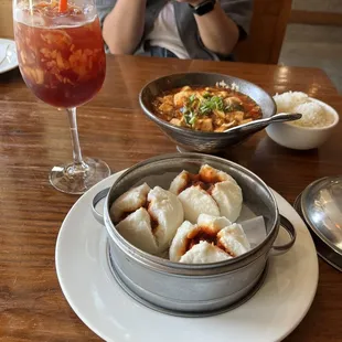 bbq pork bao, Mapo Tofu, peach strawberry sangria