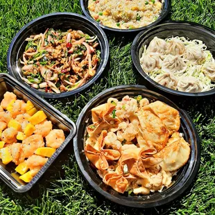 Fried rice, imperial lamb, mini pork buns, mango shrimp and appetizer trio