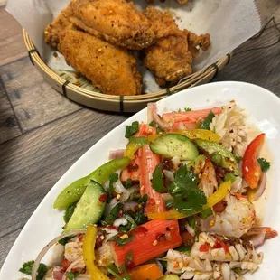 Seafood salad and Tom yum wings