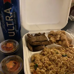 Steak and chicken combo  but they ran out of the veggies with atomic sauce  The plate was $17 bucks  I like it the food was fresh