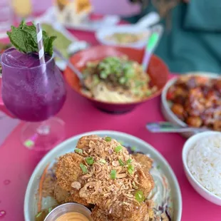 a plate of food and a drink