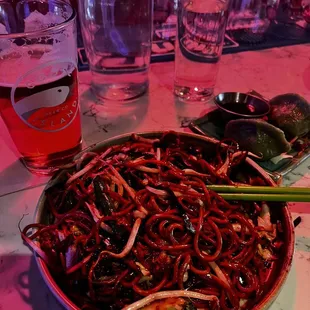 Vegetable lo mein, veg dumplings, in-house IPA.