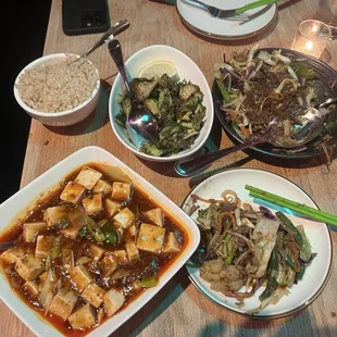 Brutal Peppercorn Brussel Sprouts, Chili Glass Noodles w. Vegan Beef, Mapo Tofu