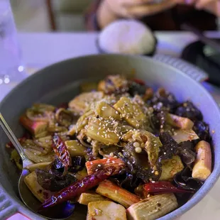 Dry Pot with assorted veggies, tofu, black fungus, imitation crab, etc.