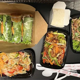 Cashew nutty chicken Crispy Duck rolls  Papaya salad (som tum Thai salad)  Pork nam tok