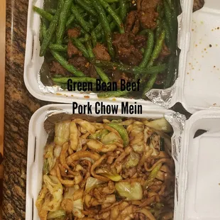 Green Bean Beef - really really salty Pork Chow Mein - hand cut noodles were too mushy, bland