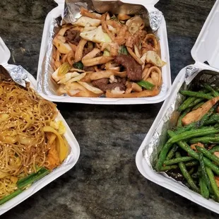 Singaporean noodles (vegetarian version), Beef Chow Mein (hand-shaved noodles), Green Beans with non-fried tofu (by request)