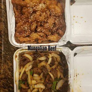 Sesame Chicken - nice texture, not sweet enough and kind of salty Mongolian Beef - ok flavor, typical, reliable