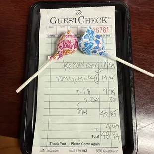 Our bill for 2 meals and a shared large Boba Tea
