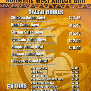 Chicken Salad Bowl - Beef Salad Bowl - Shrimp Salad Bowl - Avocado Salad Bowl.