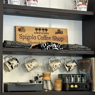 Behind the coffee counter