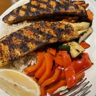 Blackened Atlantic Salmon, White Rice, Grilled Vegetables