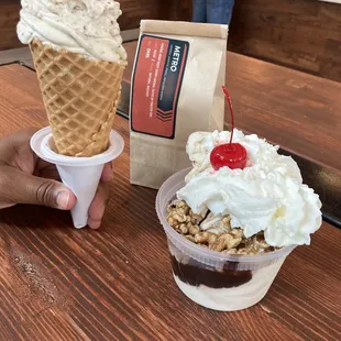 Coffee, sundae and waffle cone