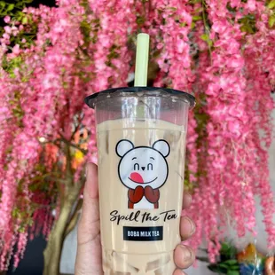 Caramel black milk tea with lychee jelly!