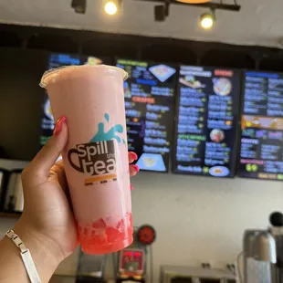 Strawberry horchata with strawberry heart boba