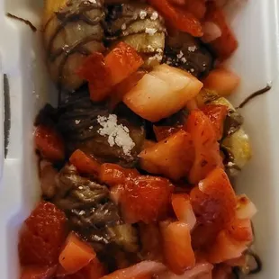 Mini pancakes with strawberries, nutella, and lechera