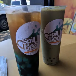 Dragonfruit Paradise with tapioca pearls and blueberry hearts(L) + Strawberry Matcha with strawberry popping boba (R)