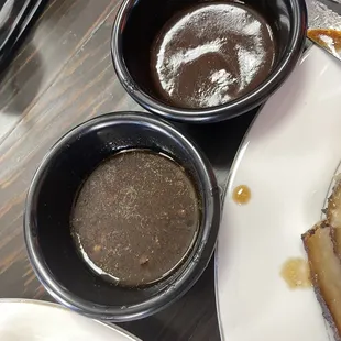 Side of bbq sauce and Demi glaze sauce