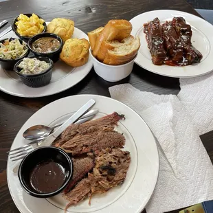 Brisket BBQ Plate and Ribs BBQ Plate with garlic bread