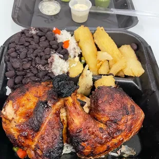 Chicken, Yuca Fries and White Rice Black Beans