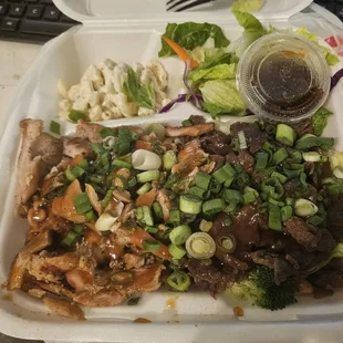 Chicken &amp; beef plate. Comes with white rice, small salad, and tiny scoop of mac salad. $12.98 after tax.