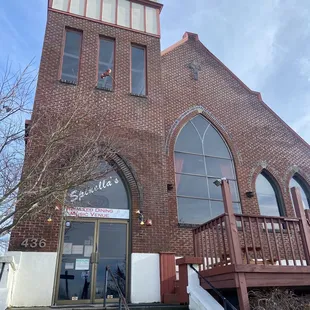 the front of a brick church