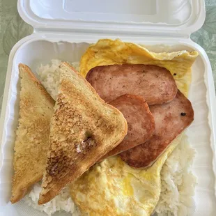 Spam, eggs and rice. Toast is complementary.