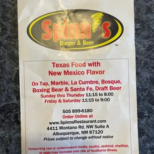 Spinns menu!