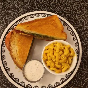 Aieral View Pizza Grilled Cheez &amp; Mac &apos;n Cheez w/ Ranch Dressing
