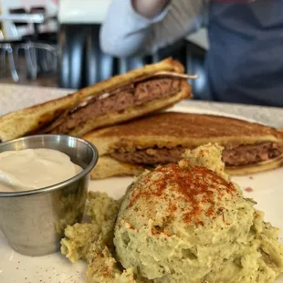 Beyond burger patty melt with potato salad
