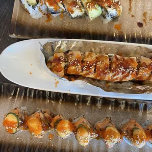 Top to bottom: Lion King Roll, Dragon Roll (warm), Royal Roll (toro with jalepeno)