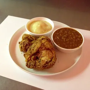 Broasted Chicken, a Hastings Best, with Mashed potatoes and Baked Beans