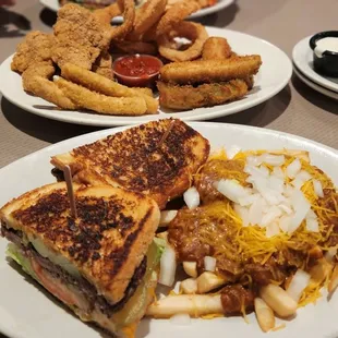 Grilled Parmesan Avocado Cheeseburger with chili cheese fries.