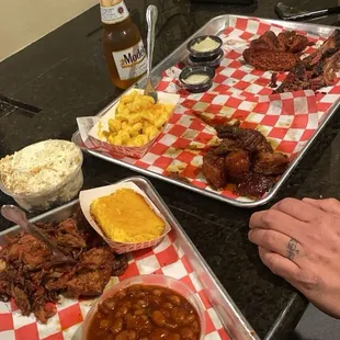 Rib tips, baked beans and cornbread / sausage, pork belly burnt ends , brisket and Mac and cheese all 10/10