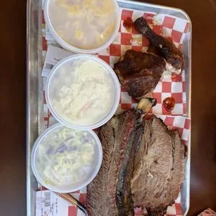 Beef rib, brisket, chicken, Mac and cheese, potato salad and cold slaw.