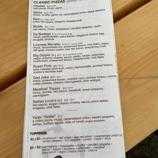 Pizza Menu