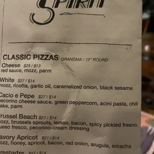 Pizza menu