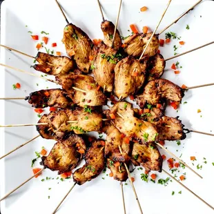 grilled chicken skewers on a white plate