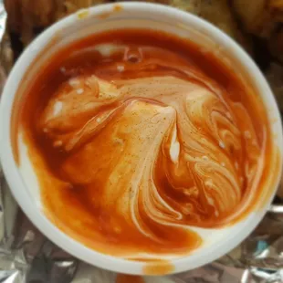 I just mixed the buffalo and blue cheese sauce together