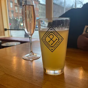 a glass of beer and a glass of wine