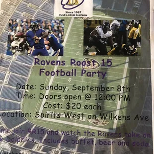 a flyer for the ravens football party